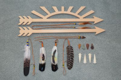 Arrow of light Plaques, Coup feathers, and Painted feathers.